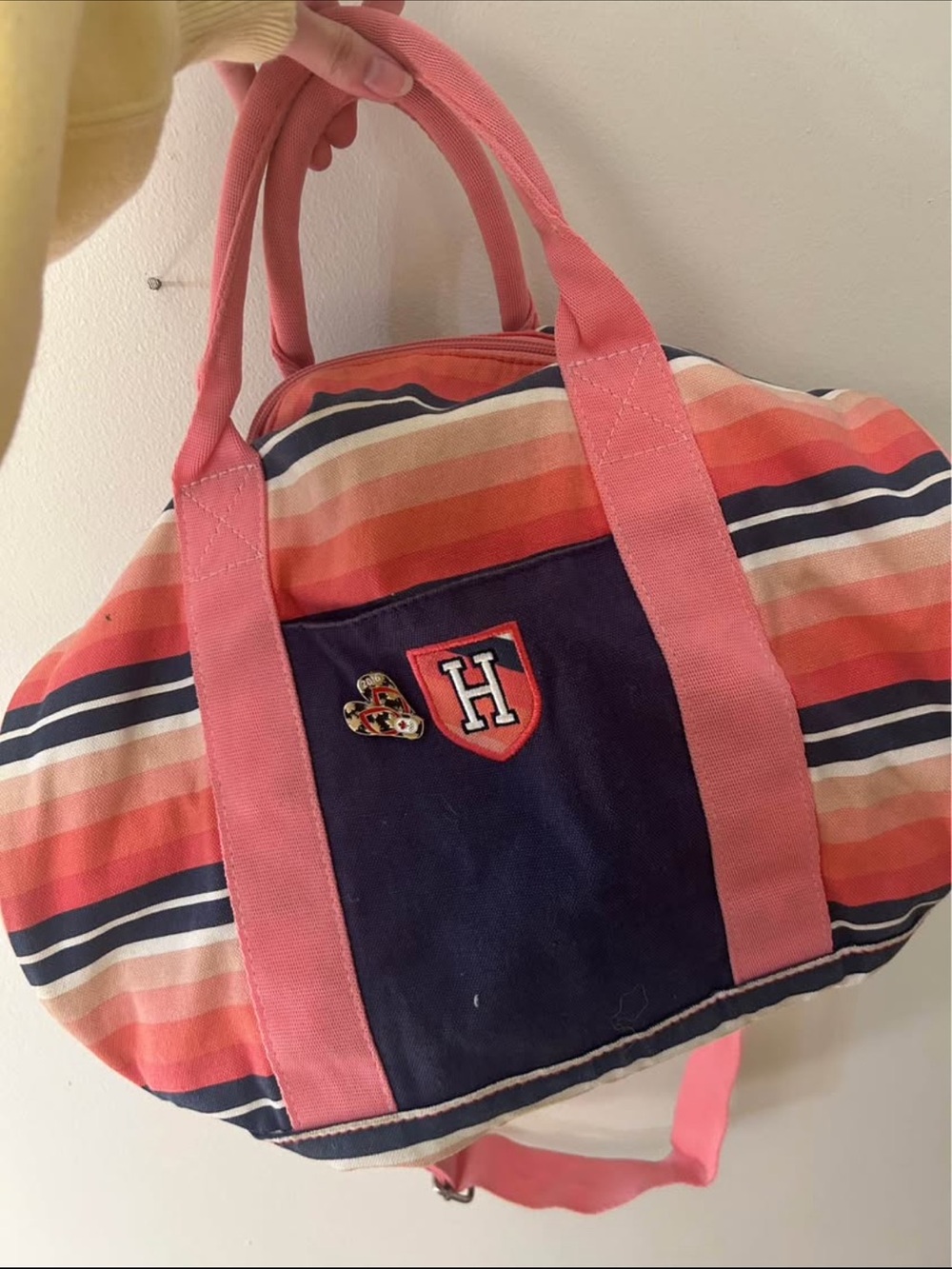 Vintage Tommy Hilfiger navy/pink striped duffel bag
